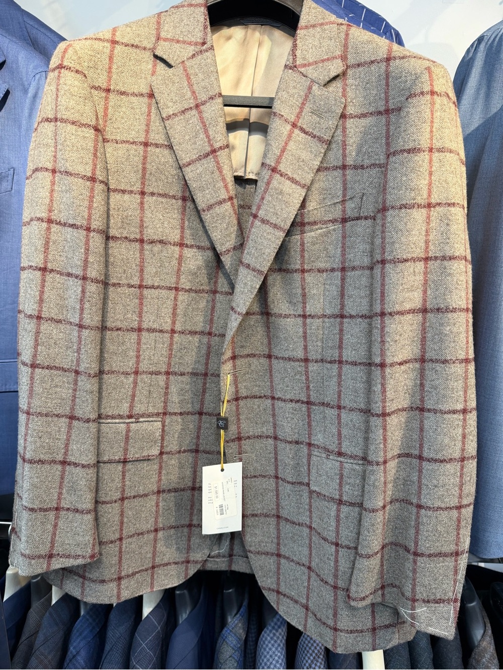 NEW Canali Beige Windowpane Wool Sport Coat with Red Grid